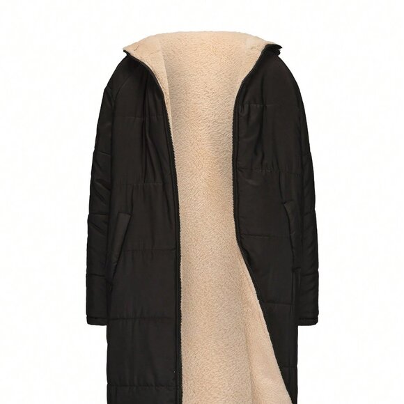 Black Casual Women's Double-Sided Hooded Thick Warm Mid-Length Jacket - Picture 4 of 6